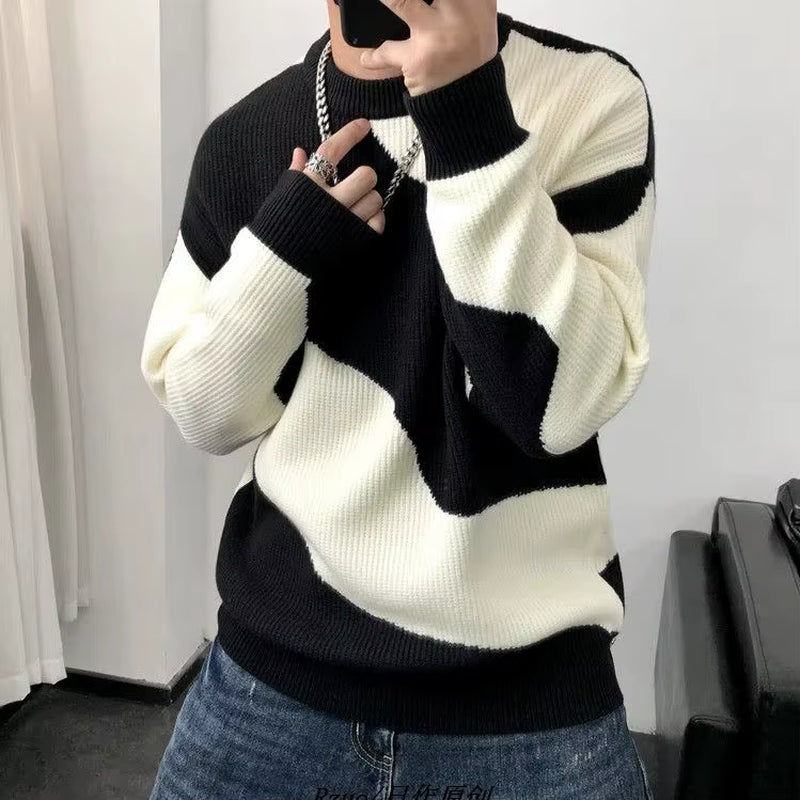 Man Clothes round Collar Pullovers Knitted Sweaters for Men Crewneck Color Matching Black Cigaret Casual Korean Style Jumpers S