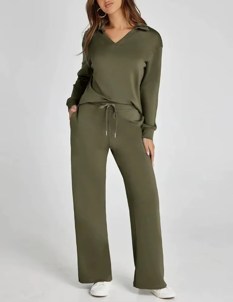 Amazon Independent Station Loose-Fit V-Neck Long Sleeve Top with Drawstring Design Elastic Waist Flared Trousers 2-Piece Set