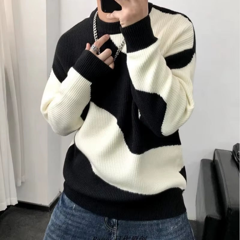 Man Clothes round Collar Pullovers Knitted Sweaters for Men Crewneck Color Matching Black Cigaret Casual Korean Style Jumpers S