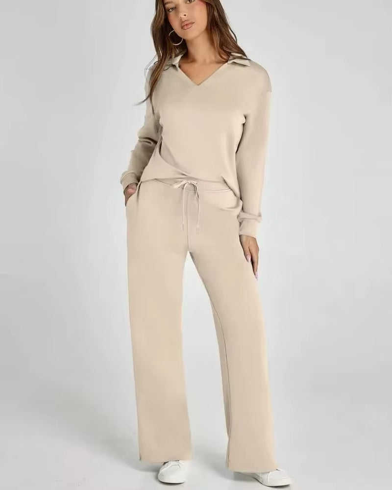 Amazon Independent Station Loose-Fit V-Neck Long Sleeve Top with Drawstring Design Elastic Waist Flared Trousers 2-Piece Set