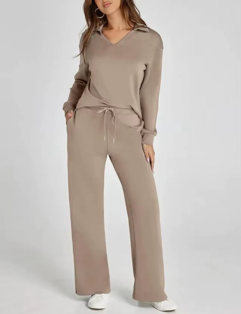 Amazon Independent Station Loose-Fit V-Neck Long Sleeve Top with Drawstring Design Elastic Waist Flared Trousers 2-Piece Set