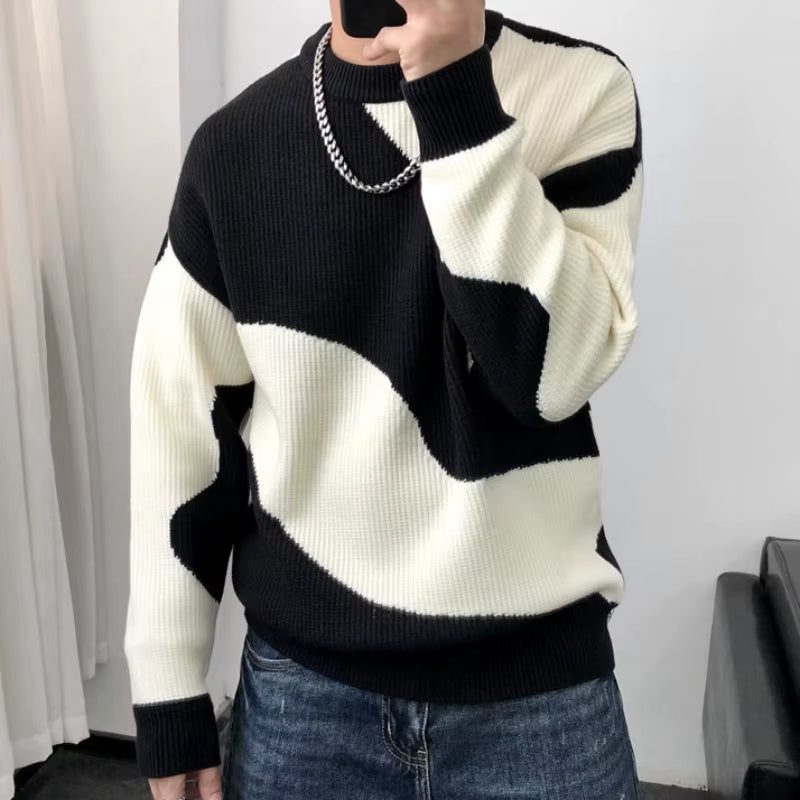 Man Clothes round Collar Pullovers Knitted Sweaters for Men Crewneck Color Matching Black Cigaret Casual Korean Style Jumpers S