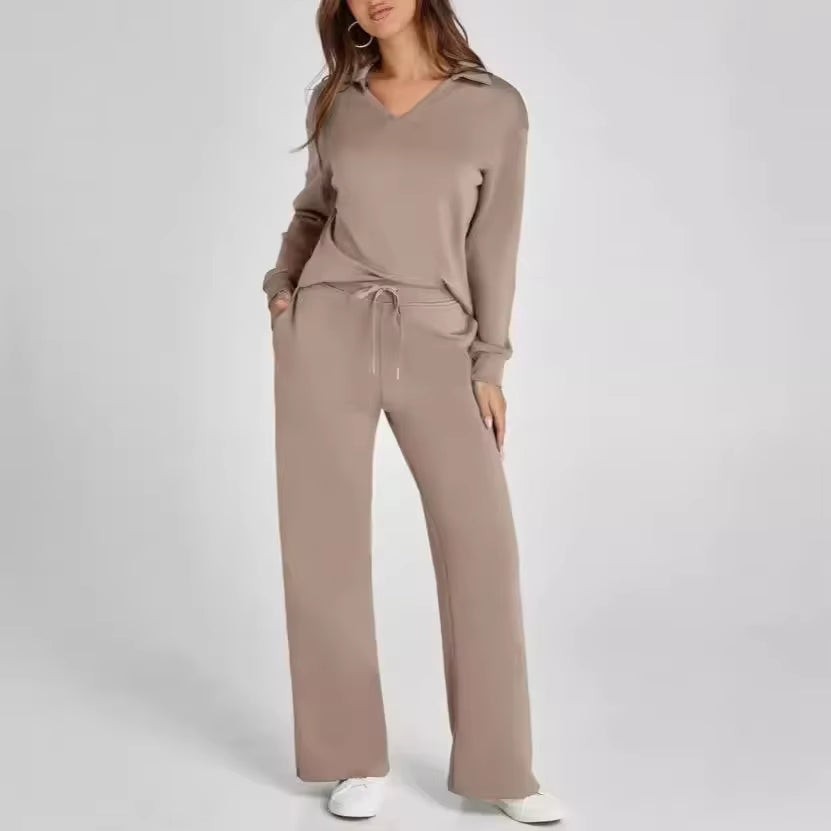 Amazon Independent Station Loose-Fit V-Neck Long Sleeve Top with Drawstring Design Elastic Waist Flared Trousers 2-Piece Set