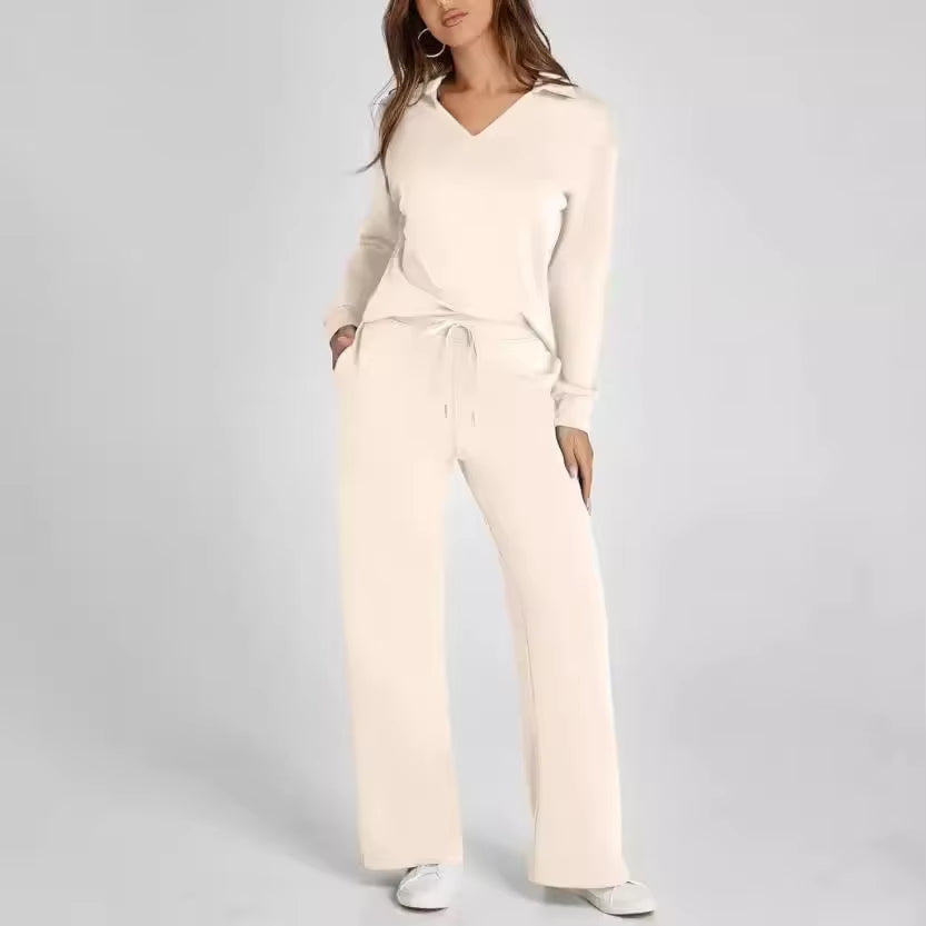 Amazon Independent Station Loose-Fit V-Neck Long Sleeve Top with Drawstring Design Elastic Waist Flared Trousers 2-Piece Set