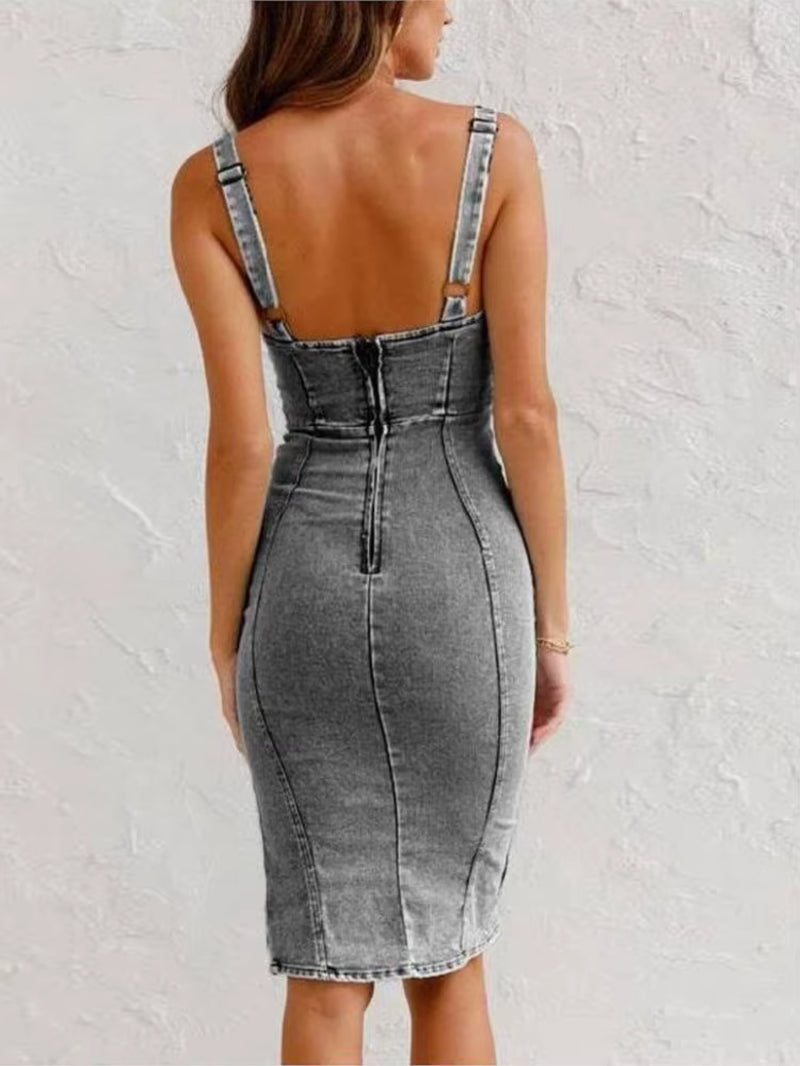 Summer New U Neck Halter Denim for Women'S Dresses Fashion Slim Fit Wrap Hip Retro Female Party Sexy Split Denim Dresses