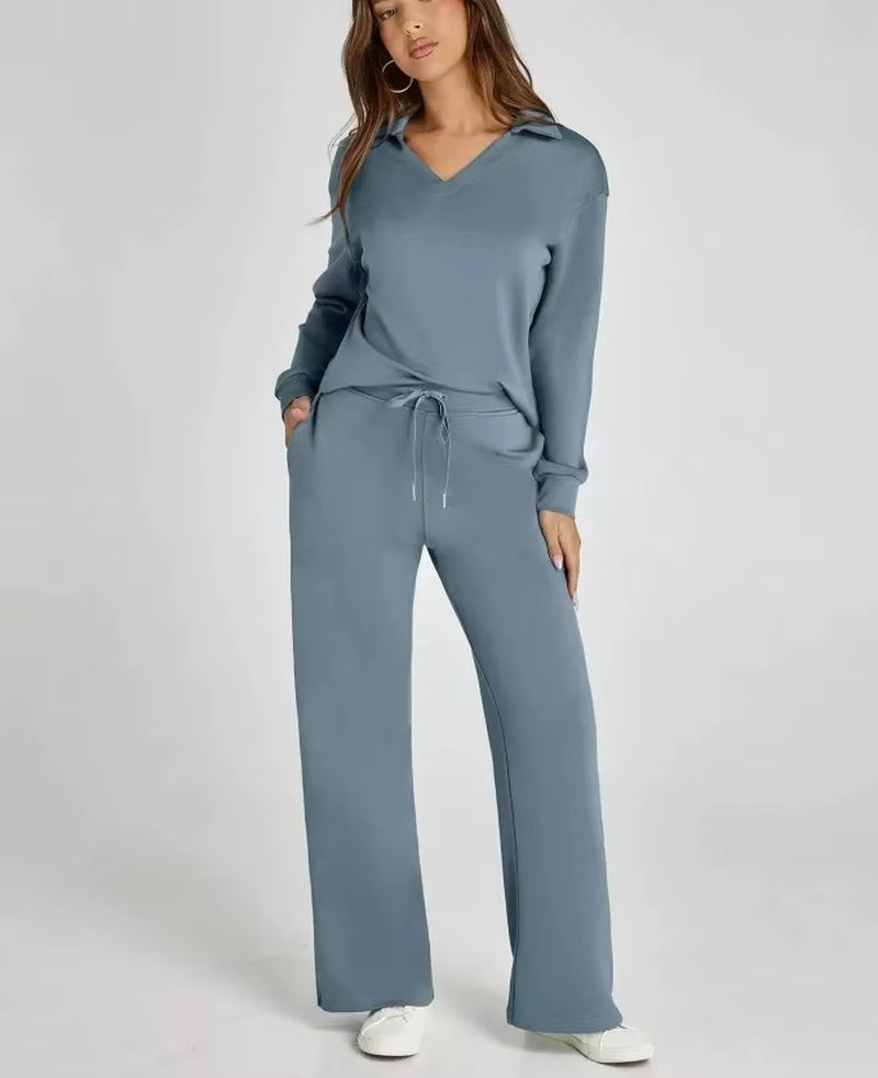 Amazon Independent Station Loose-Fit V-Neck Long Sleeve Top with Drawstring Design Elastic Waist Flared Trousers 2-Piece Set