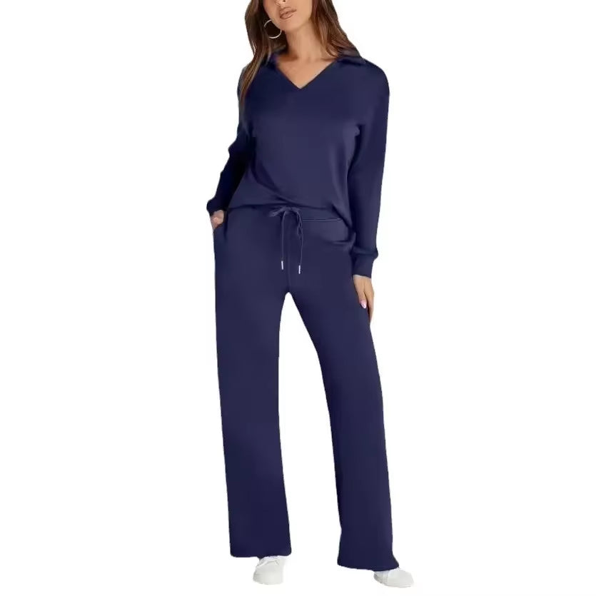 Amazon Independent Station Loose-Fit V-Neck Long Sleeve Top with Drawstring Design Elastic Waist Flared Trousers 2-Piece Set