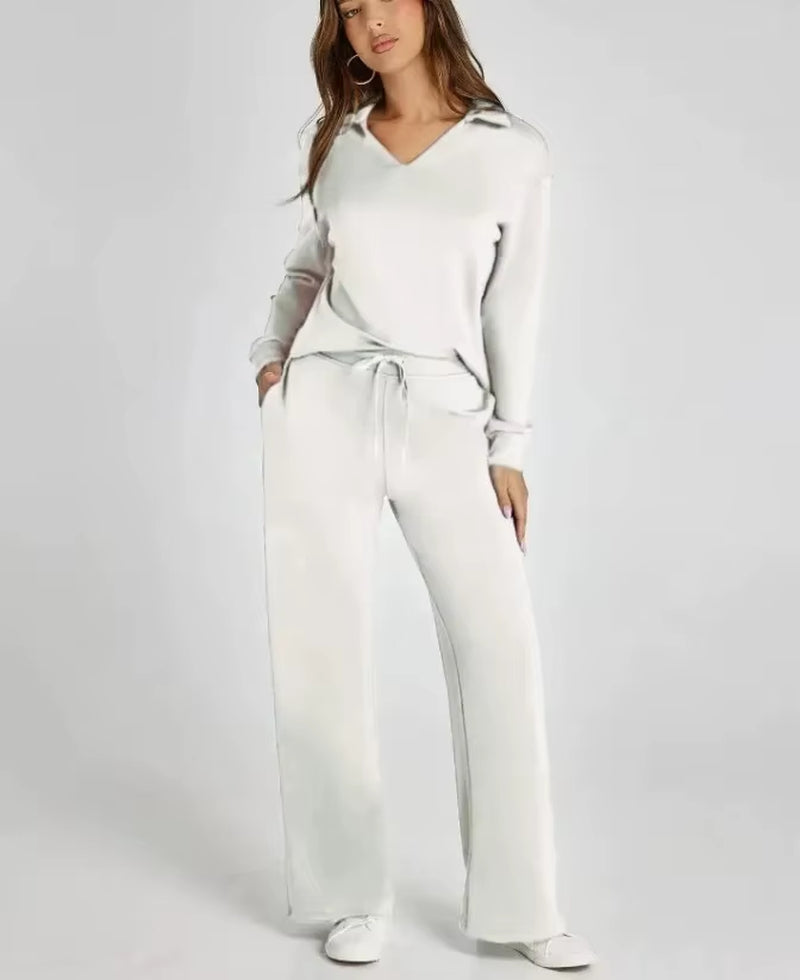 Amazon Independent Station Loose-Fit V-Neck Long Sleeve Top with Drawstring Design Elastic Waist Flared Trousers 2-Piece Set