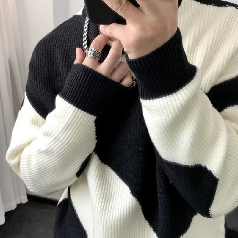 Man Clothes round Collar Pullovers Knitted Sweaters for Men Crewneck Color Matching Black Cigaret Casual Korean Style Jumpers S