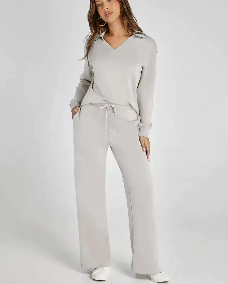 Amazon Independent Station Loose-Fit V-Neck Long Sleeve Top with Drawstring Design Elastic Waist Flared Trousers 2-Piece Set