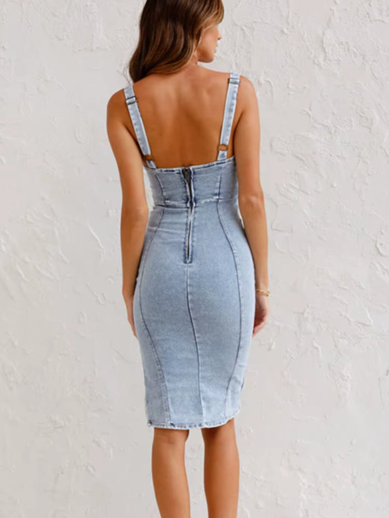 Summer New U Neck Halter Denim for Women'S Dresses Fashion Slim Fit Wrap Hip Retro Female Party Sexy Split Denim Dresses