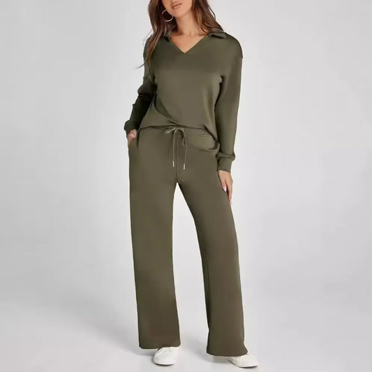 Amazon Independent Station Loose-Fit V-Neck Long Sleeve Top with Drawstring Design Elastic Waist Flared Trousers 2-Piece Set