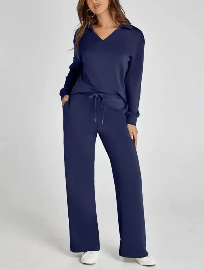 Amazon Independent Station Loose-Fit V-Neck Long Sleeve Top with Drawstring Design Elastic Waist Flared Trousers 2-Piece Set