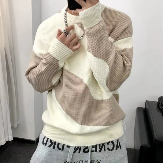 Man Clothes round Collar Pullovers Knitted Sweaters for Men Crewneck Color Matching Black Cigaret Casual Korean Style Jumpers S