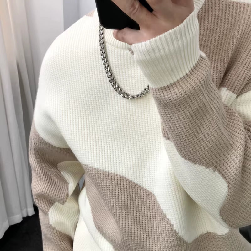 Man Clothes round Collar Pullovers Knitted Sweaters for Men Crewneck Color Matching Black Cigaret Casual Korean Style Jumpers S